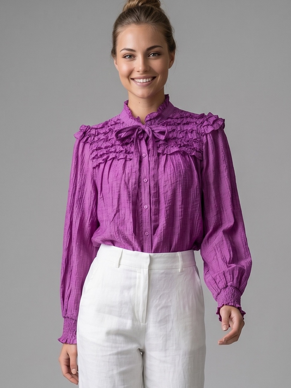 🌻EUC &merci Purple Ruffle Mock Neck Blouse Boho Long Sleeve Peasant Top Size M